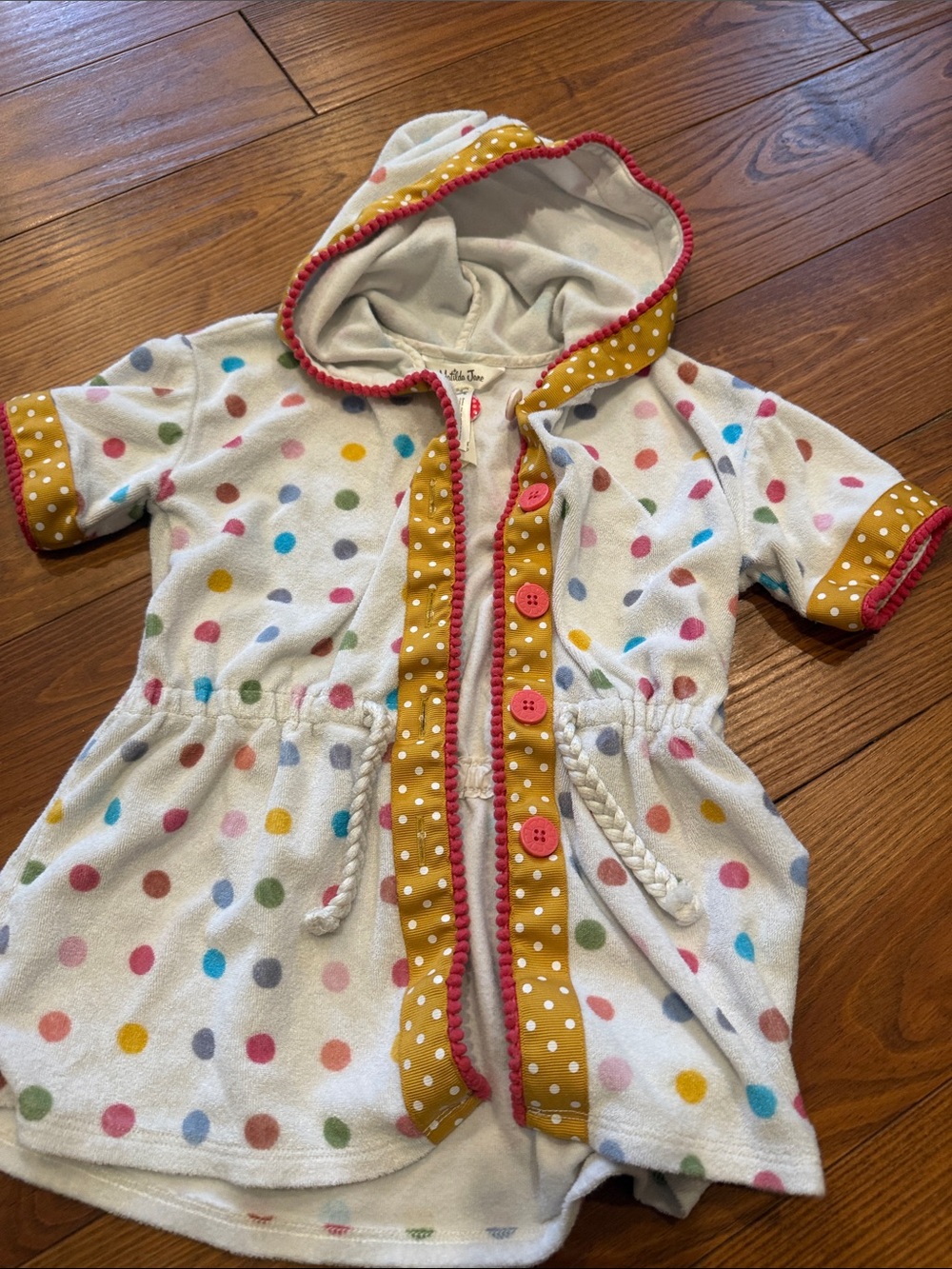 Matilda Jane size 4 Polka Dot Hooded pool cover up with Mustard Trim